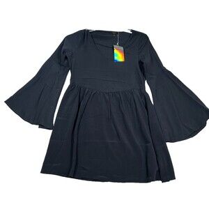 Color Thread Womens Size S Black Bell Sleeve Mini Dress Lined  V Nick New